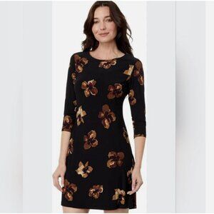 TOMMY HILFIGER Black Brown Floral Shift A-Line Dress Stretch Size 12 NWT $99